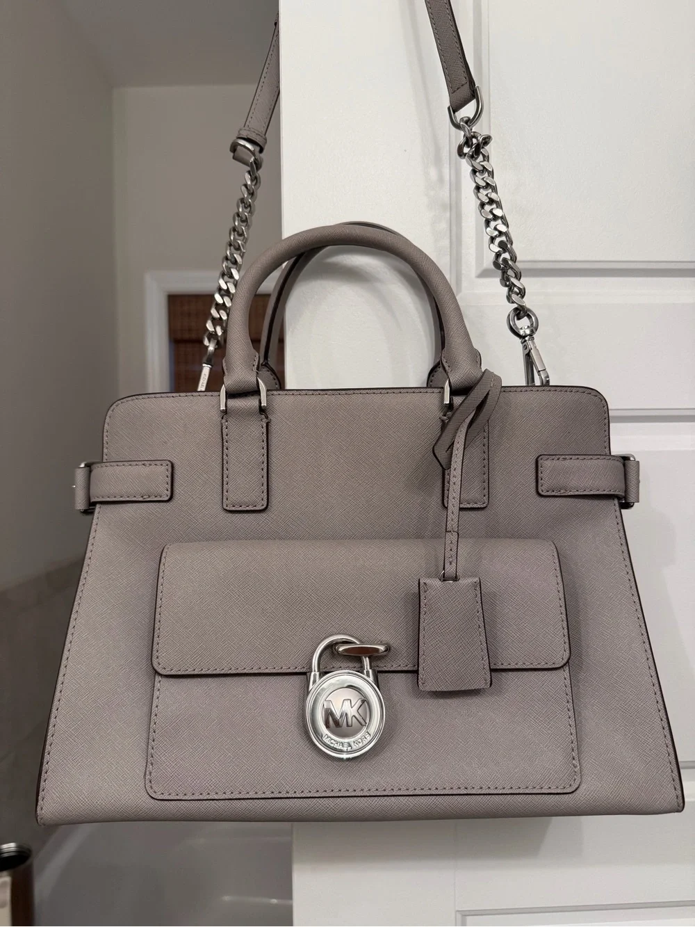 Michael Kors Taupe Leather Satchel with Silver Chain
